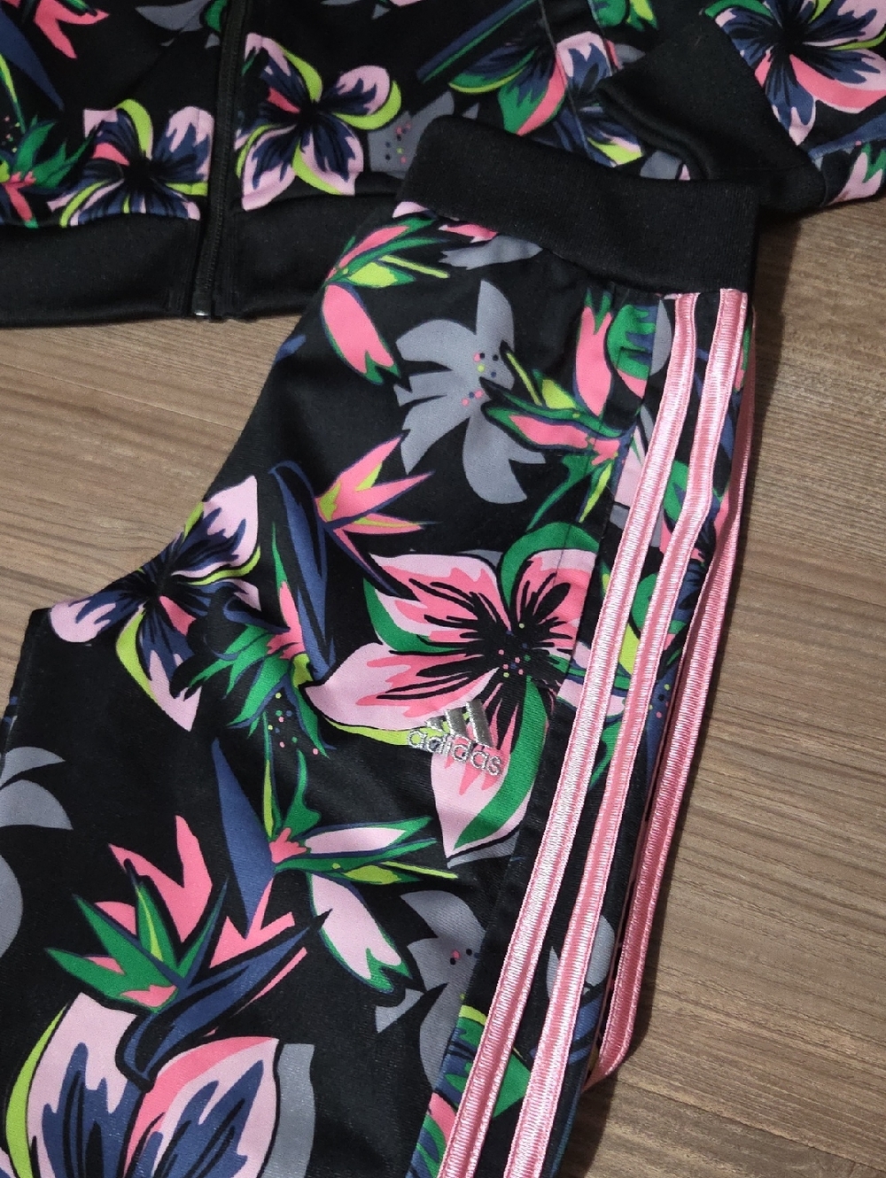 Adidas Floral Track Jacket and Pants Set - Black with Pink & Green Floral - Picture 2 of 5